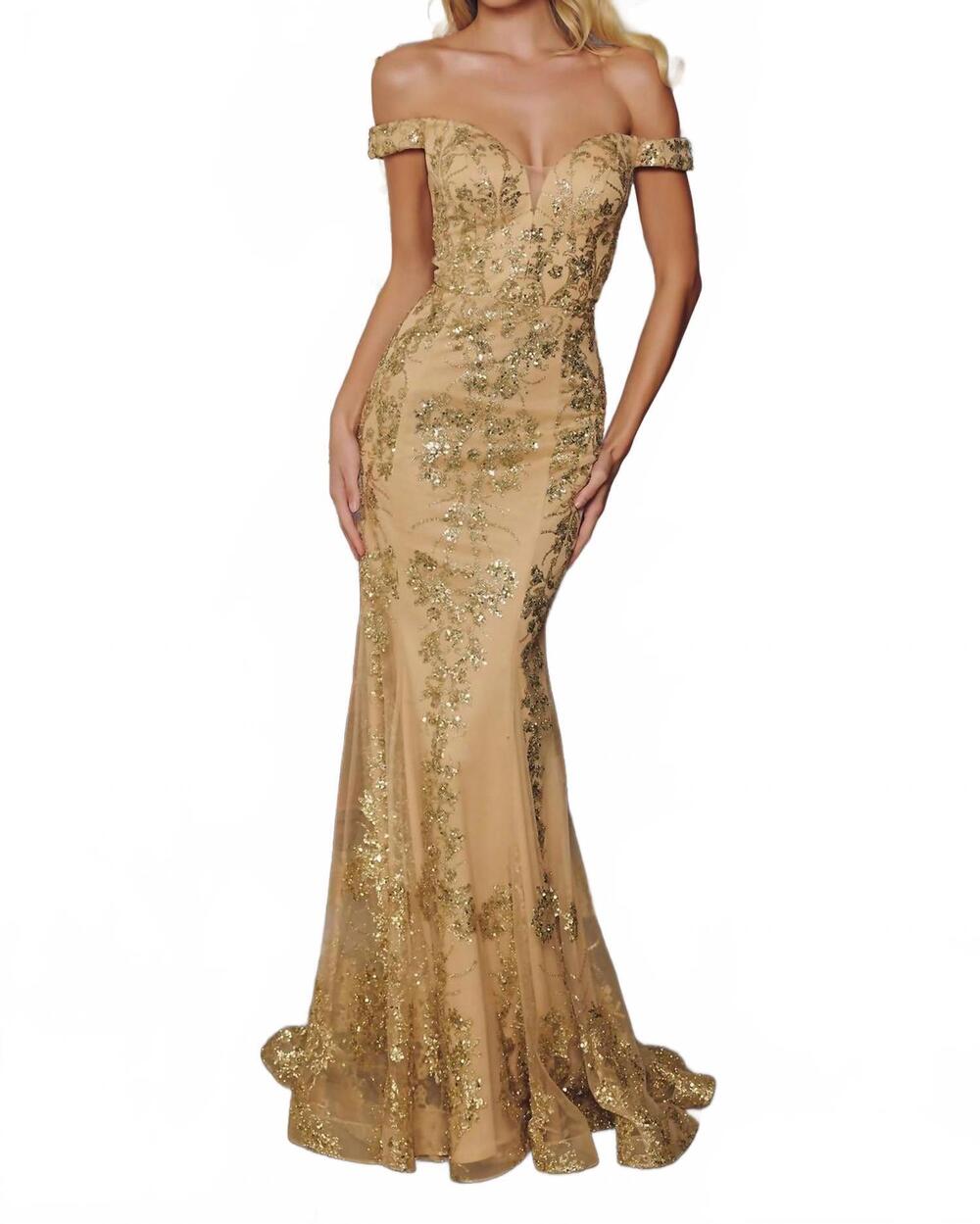 NEW AMORIS sequin lace gown in gold